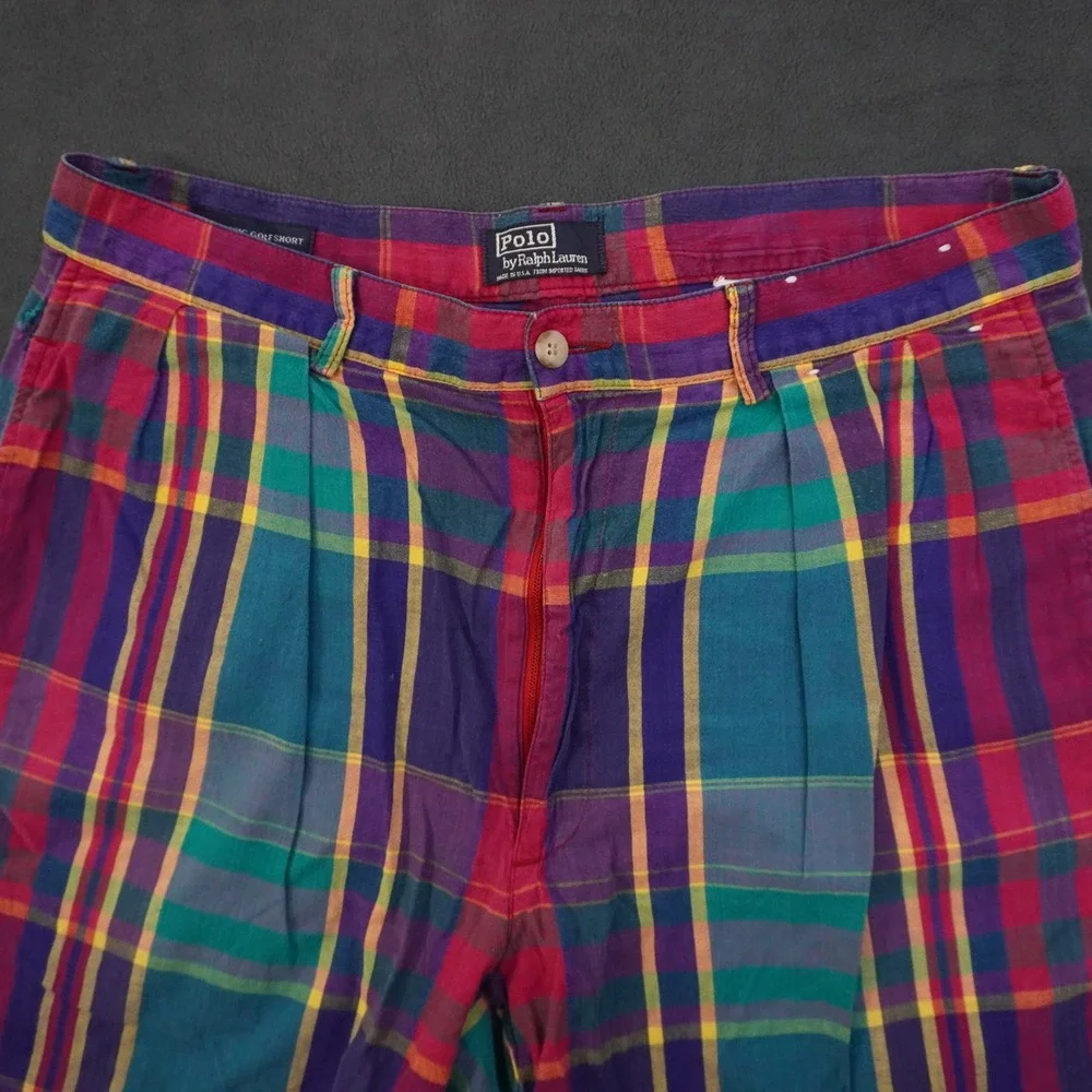 Polo Ralph Lauren Mens Classic Golf Shorts Plaid Pleated Multi Color Vintage 36